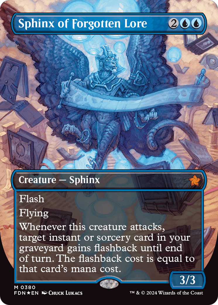 Sphinx of Forgotten Lore (Borderless) (Mana Foil) [Foundations] | Tables and Towers