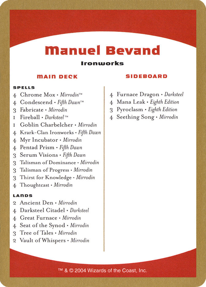 Manuel Bevand Decklist [World Championship Decks 2004] | Tables and Towers