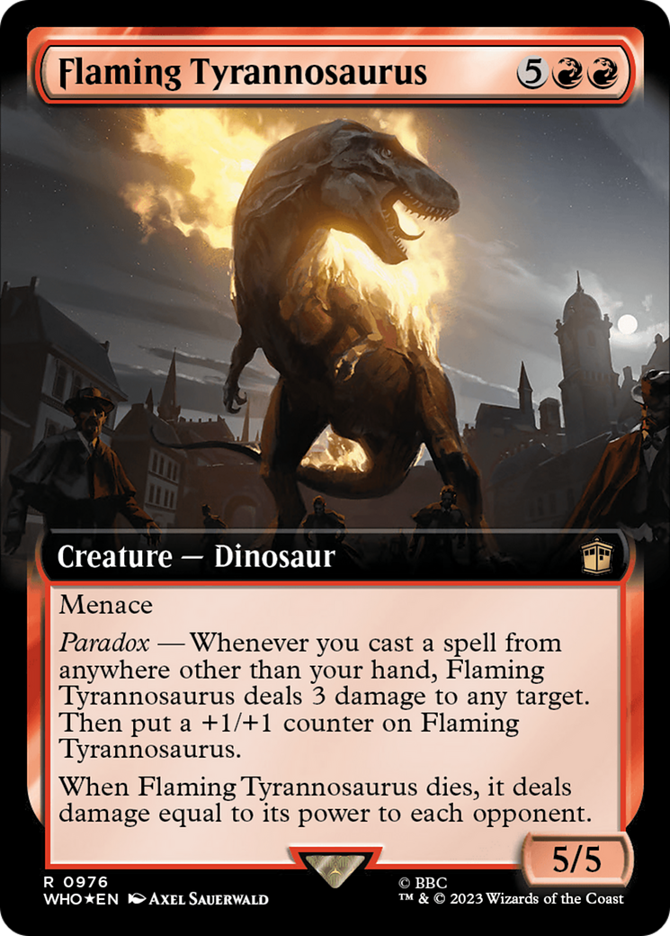 Flaming Tyrannosaurus (Extended Art) (Surge Foil) [Doctor Who] | Tables and Towers