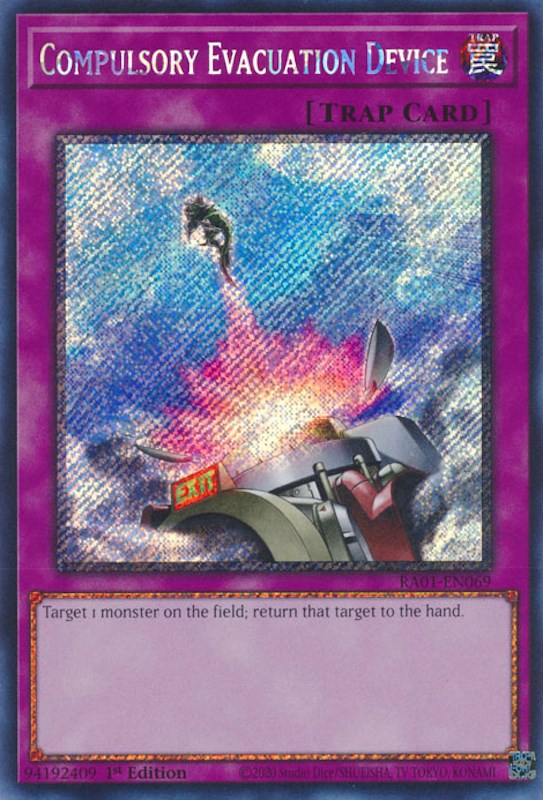 Compulsory Evacuation Device [RA01-EN069] Platinum Secret Rare | Tables and Towers