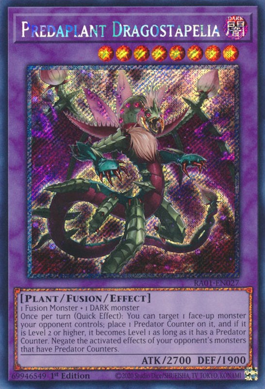 Predaplant Dragostapelia [RA01-EN027] Platinum Secret Rare | Tables and Towers