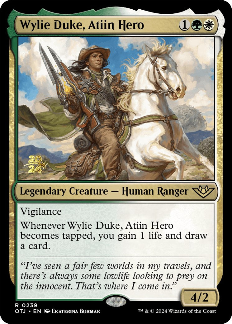 Wylie Duke, Atiin Hero [Outlaws of Thunder Junction Prerelease Promos] | Tables and Towers