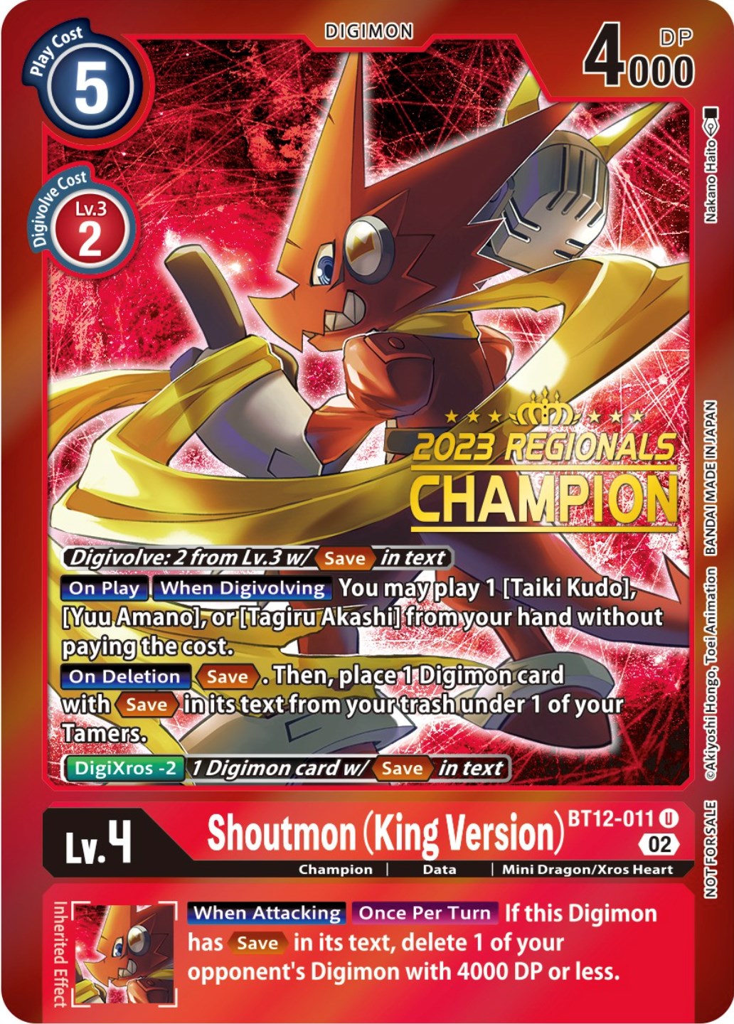 Shoutmon (King Version) [BT12-011] (2023 Regionals Champion) [Across Time Promos] | Tables and Towers