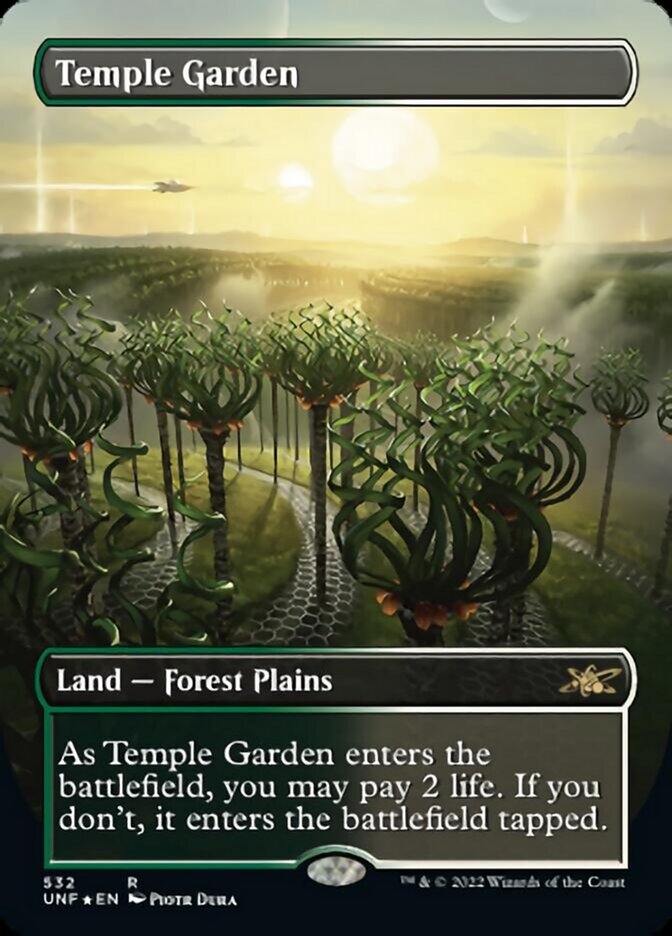 Temple Garden (Borderless) (Galaxy Foil) [Unfinity] | Tables and Towers