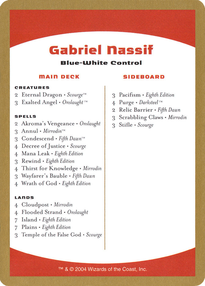 Gabriel Nassif Decklist [World Championship Decks 2004] | Tables and Towers