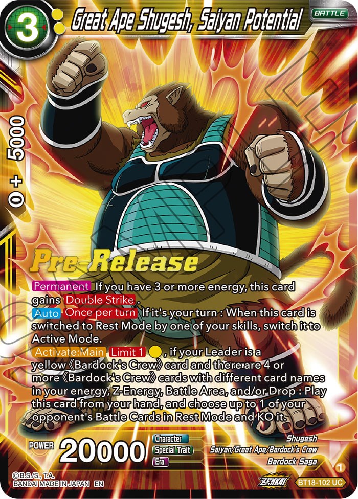 Great Ape Shugesh, Saiyan Potential (BT18-102) [Dawn of the Z-Legends Prerelease Promos] | Tables and Towers