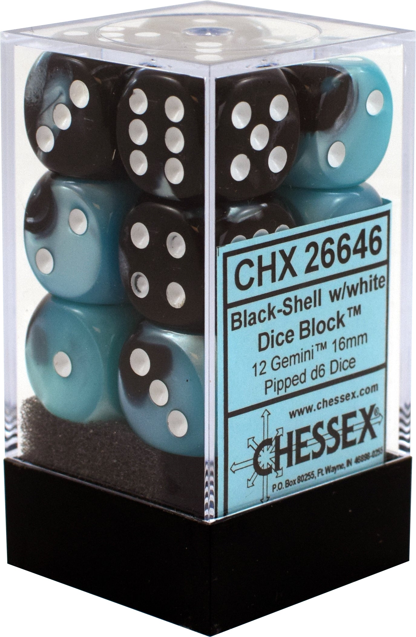 12 Gemini Black Shell w/ White 16mm D6 Dice Block - CHX26646 | Tables and Towers