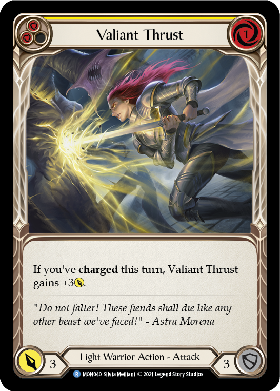 Valiant Thrust (Yellow) [MON040-RF] (Monarch)  1st Edition Rainbow Foil | Tables and Towers