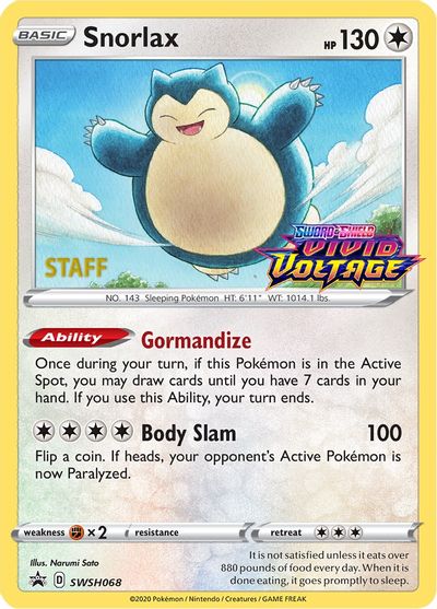 Snorlax (SWSH068) (Staff Prerelease Promo) [Sword & Shield: Black Star Promos] | Tables and Towers