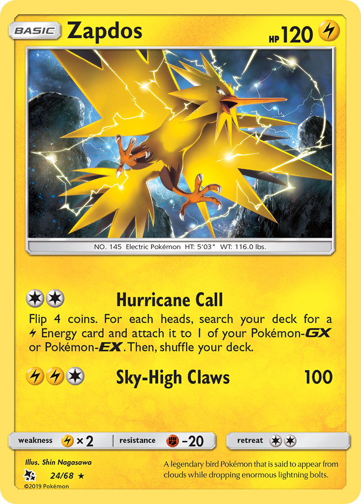 Zapdos (24/68) [Sun & Moon: Hidden Fates] | Tables and Towers