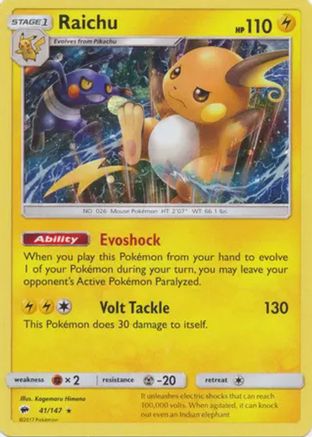 Raichu (41/147) (Cosmos Holo) [Sun & Moon: Burning Shadows] | Tables and Towers