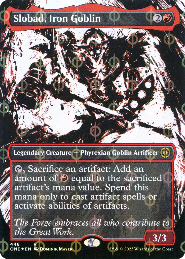 Slobad, Iron Goblin (Borderless Ichor Step-and-Compleat Foil) [Phyrexia: All Will Be One] | Tables and Towers