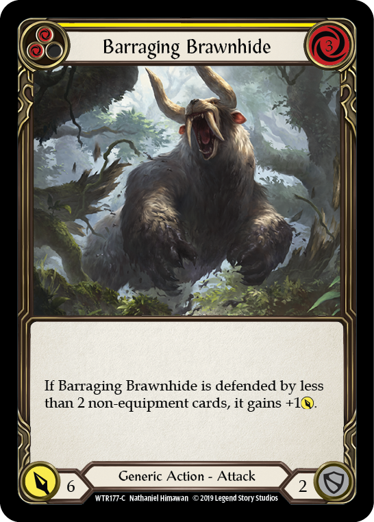 Barraging Brawnhide (Yellow) [WTR177-C] (Welcome to Rathe)  Alpha Print Rainbow Foil | Tables and Towers