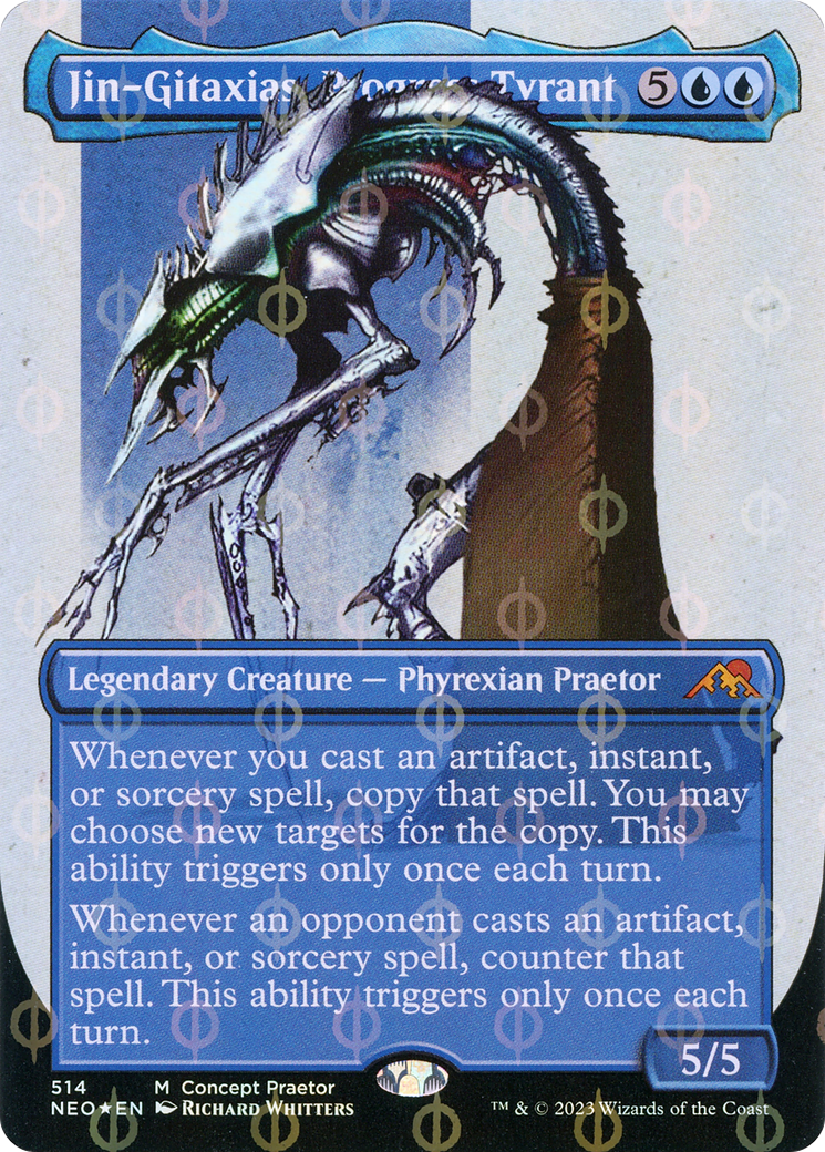 Jin-Gitaxias, Progress Tyrant (Borderless Concept Praetors Step-and-Compleat Foil) [Phyrexia: All Will Be One] | Tables and Towers