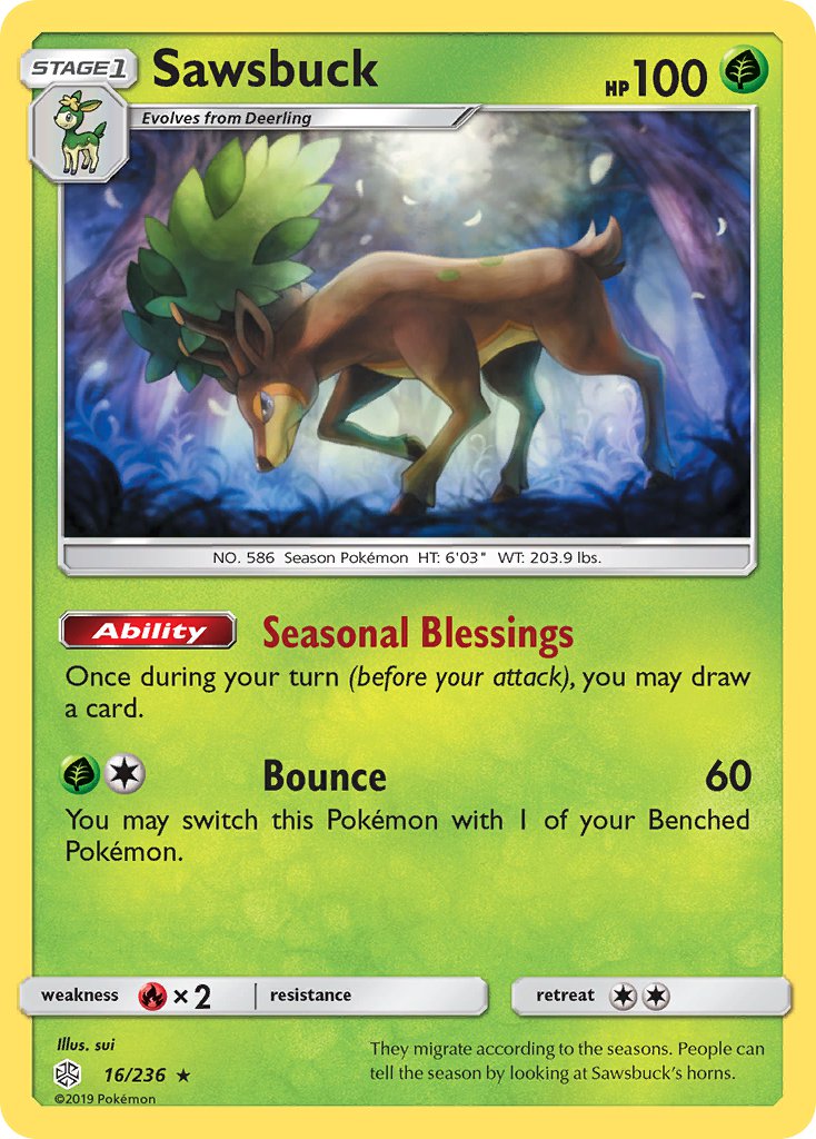 Sawsbuck (16/236) (Prerelease Kit Exclusive) (Theme Deck Exclusive) [Sun & Moon: Cosmic Eclipse] | Tables and Towers