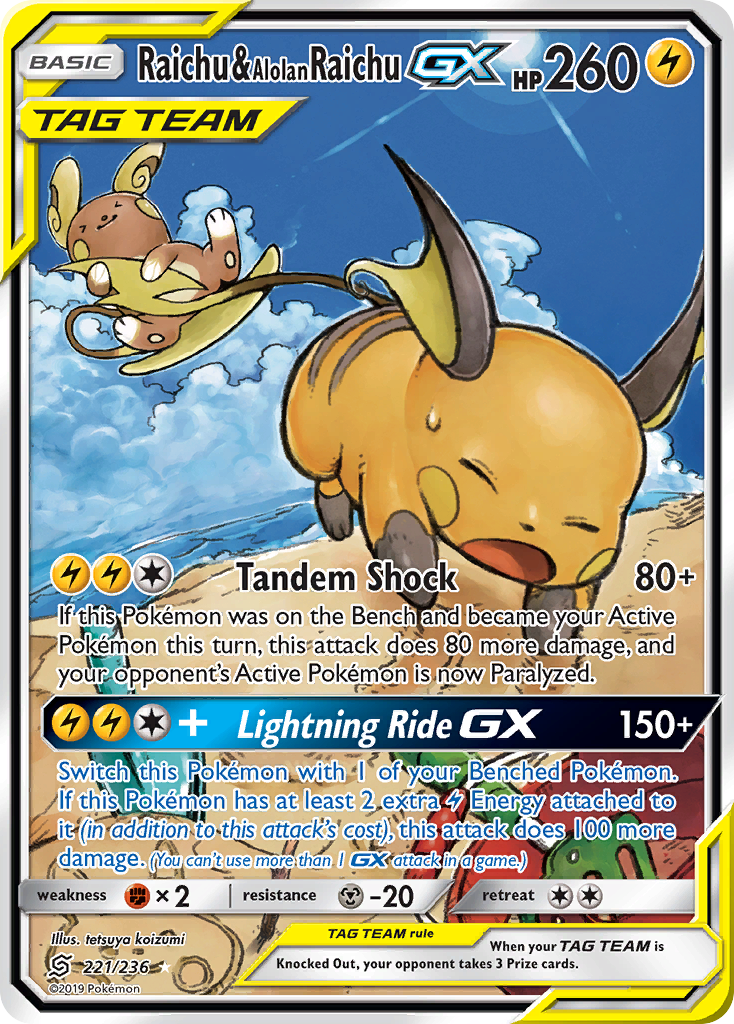 Raichu & Alolan Raichu GX (221/236) [Sun & Moon: Unified Minds] | Tables and Towers