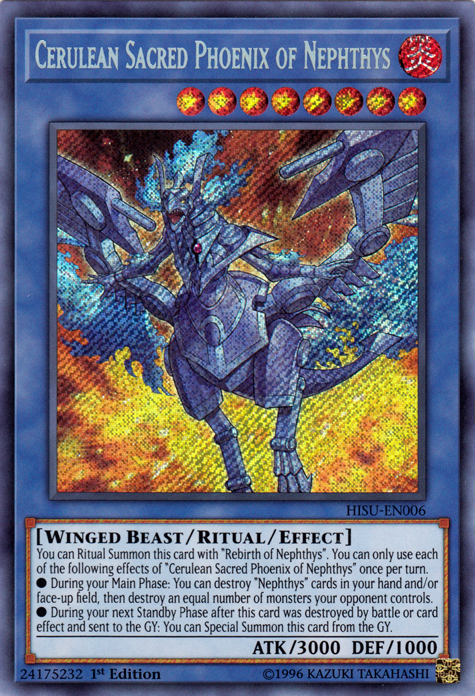 Cerulean Sacred Phoenix of Nephthys [HISU-EN006] Secret Rare | Tables and Towers