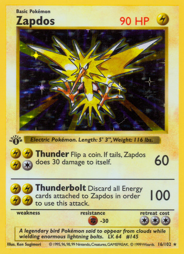 Zapdos (16/102) (Shadowless) [Base Set 1st Edition] | Tables and Towers