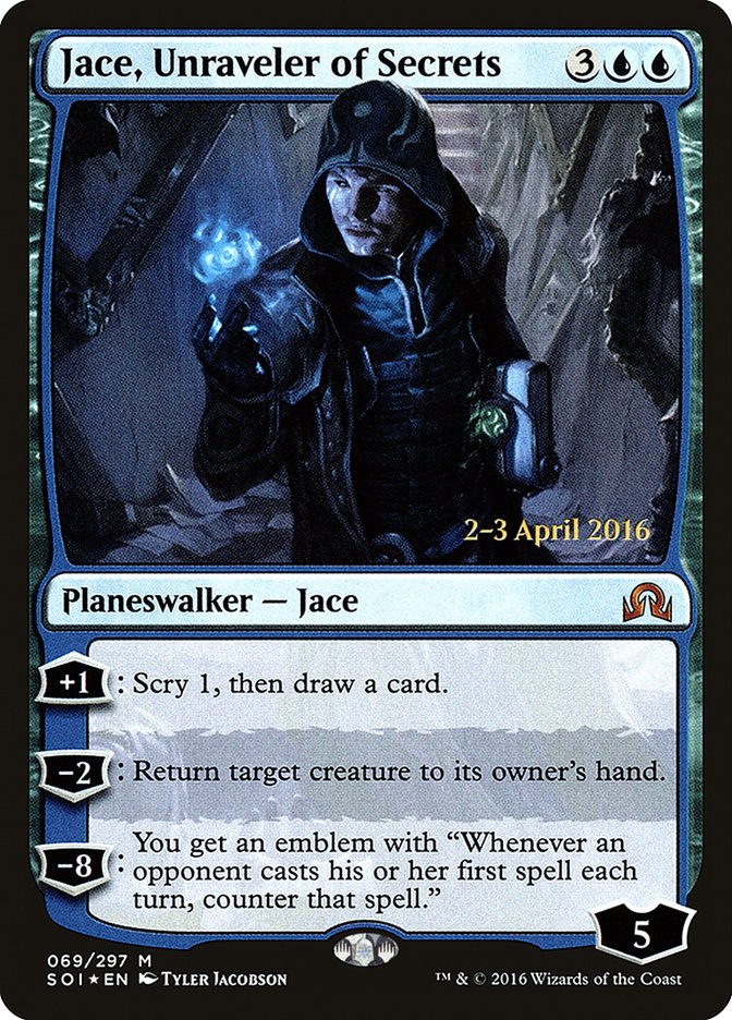 Jace, Unraveler of Secrets [Shadows over Innistrad Prerelease Promos] | Tables and Towers