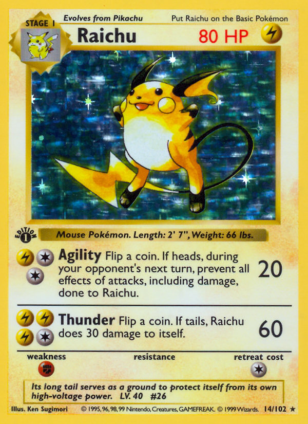 Raichu (14/102) (Shadowless) [Base Set 1st Edition] | Tables and Towers