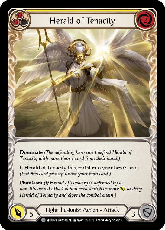 Herald of Tenacity (Yellow) [MON024-RF] (Monarch)  1st Edition Rainbow Foil | Tables and Towers