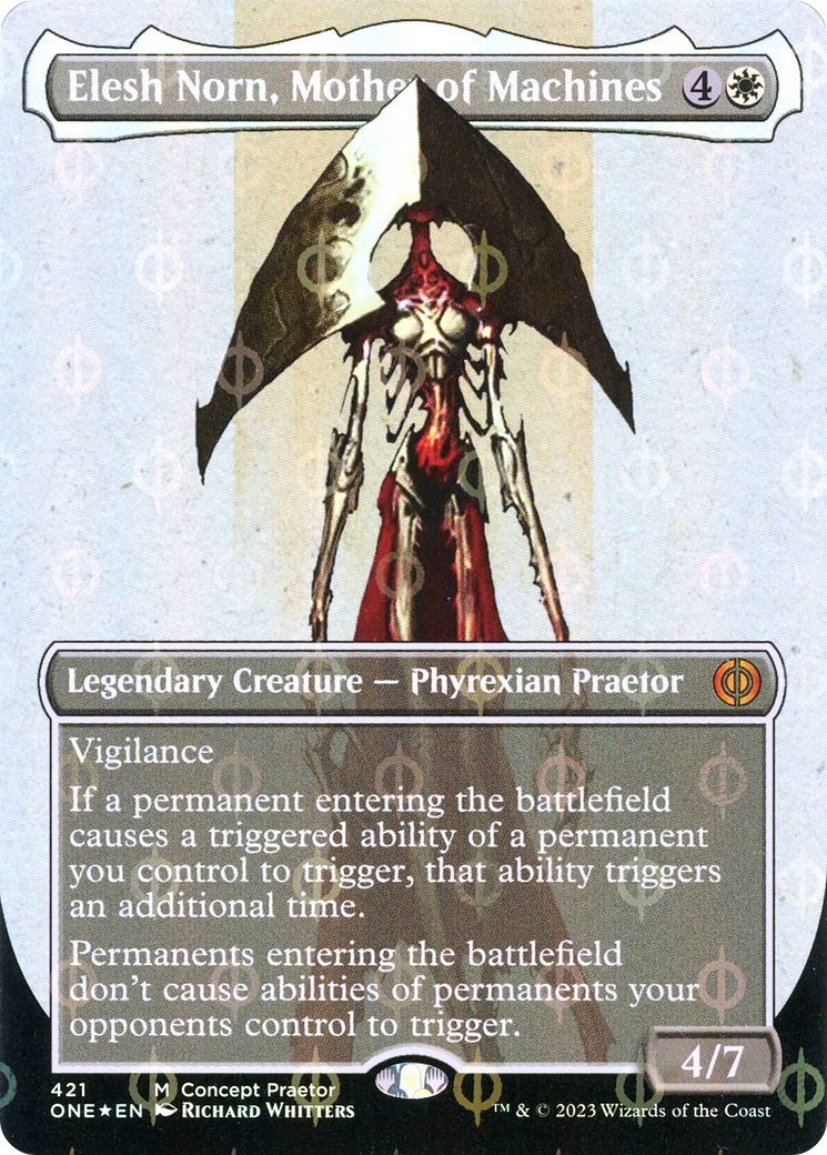 Elesh Norn, Mother of Machines (Borderless Concept Praetors Step-and-Compleat Foil) [Phyrexia: All Will Be One] | Tables and Towers