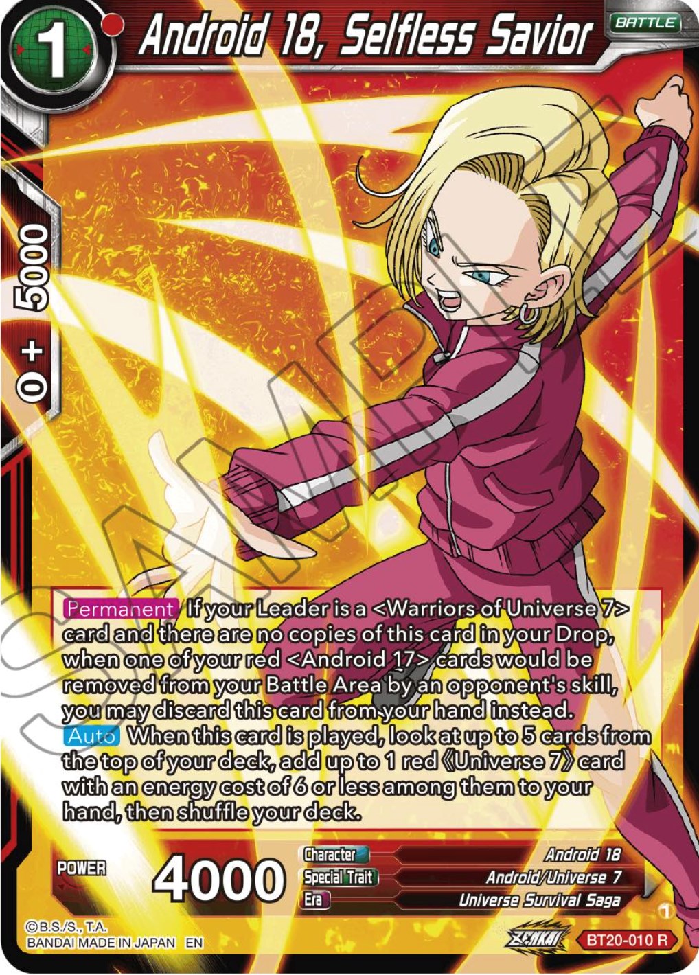 Android 18, Selfless Savior (BT20-010) [Power Absorbed] | Tables and Towers