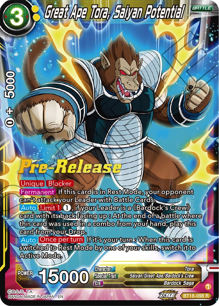 Great Ape Tora, Saiyan Potential (BT18-098) [Dawn of the Z-Legends Prerelease Promos] | Tables and Towers