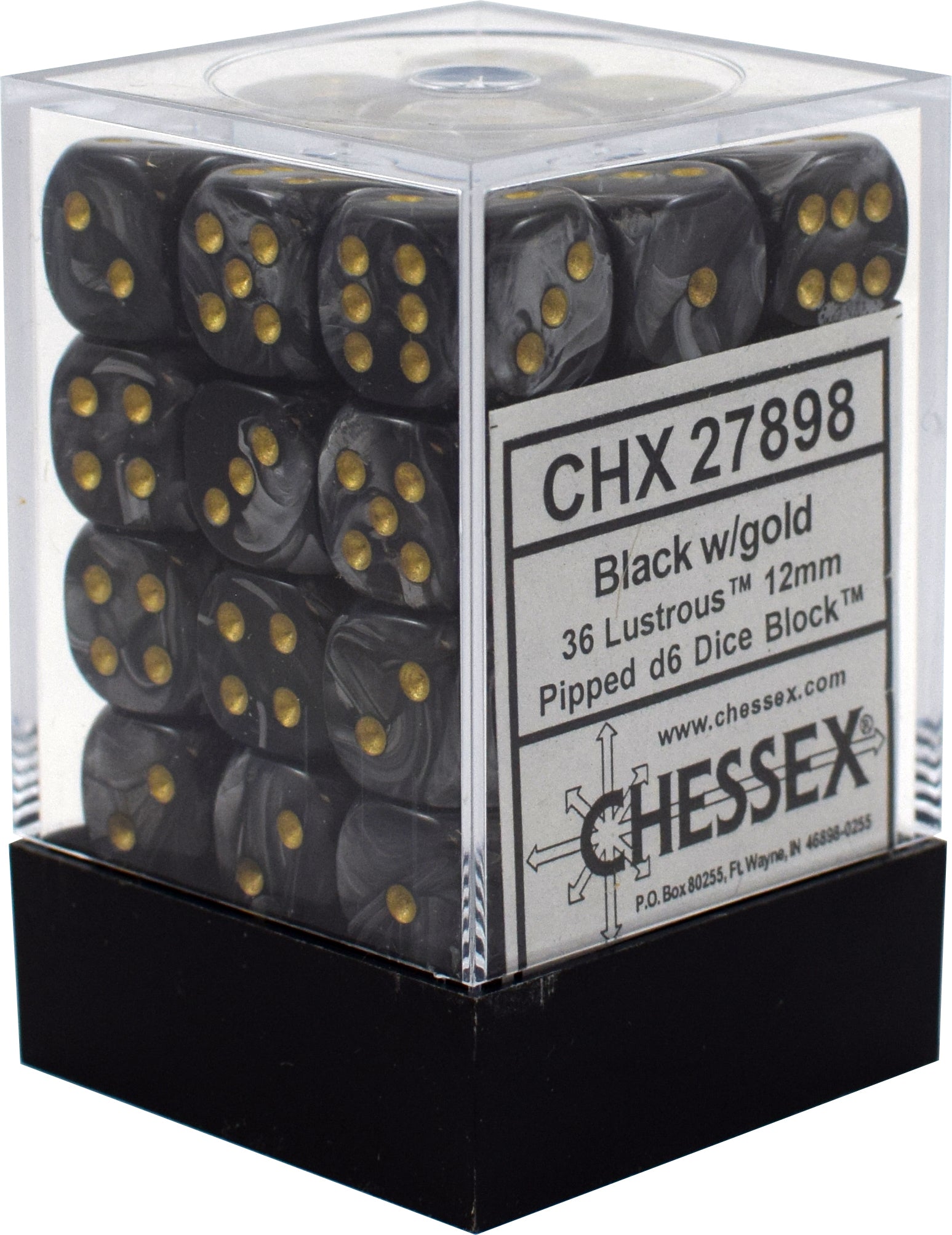 36 Black / gold Lustrous 12mm D6 Dice Block - CHX27898 | Tables and Towers