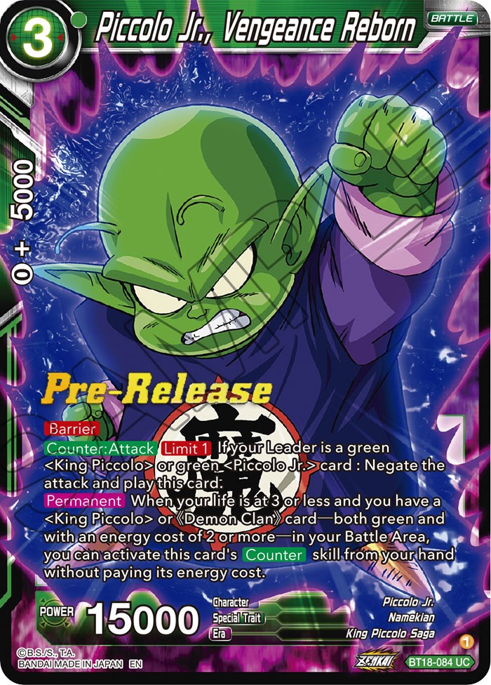 Piccolo Jr., Vengeance Reborn (BT18-084) [Dawn of the Z-Legends Prerelease Promos] | Tables and Towers