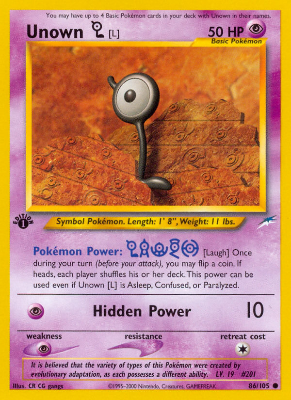 Unown [L] (86/105) [Neo Destiny 1st Edition] | Tables and Towers