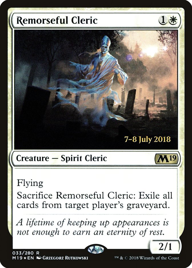 Remorseful Cleric [Core Set 2019 Prerelease Promos] | Tables and Towers