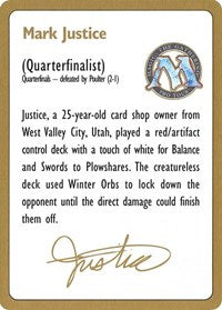 1996 Mark Justice Biography Card [World Championship Decks] | Tables and Towers