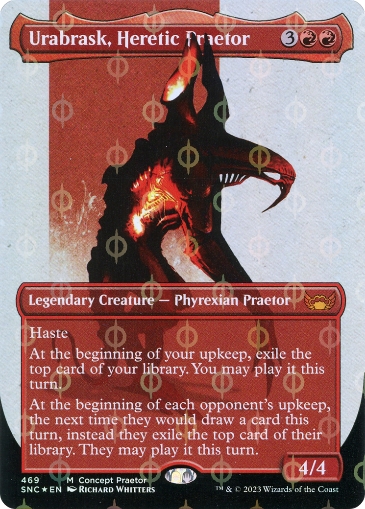 Urabrask, Heretic Praetor (Borderless Concept Praetors Step-and-Compleat Foil) [Phyrexia: All Will Be One] | Tables and Towers