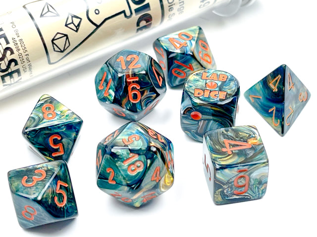 7 Heavy Dice Set - Lab Dice - Alpestris Lustrous Dice with Orange Numbers - CHX30049 | Tables and Towers