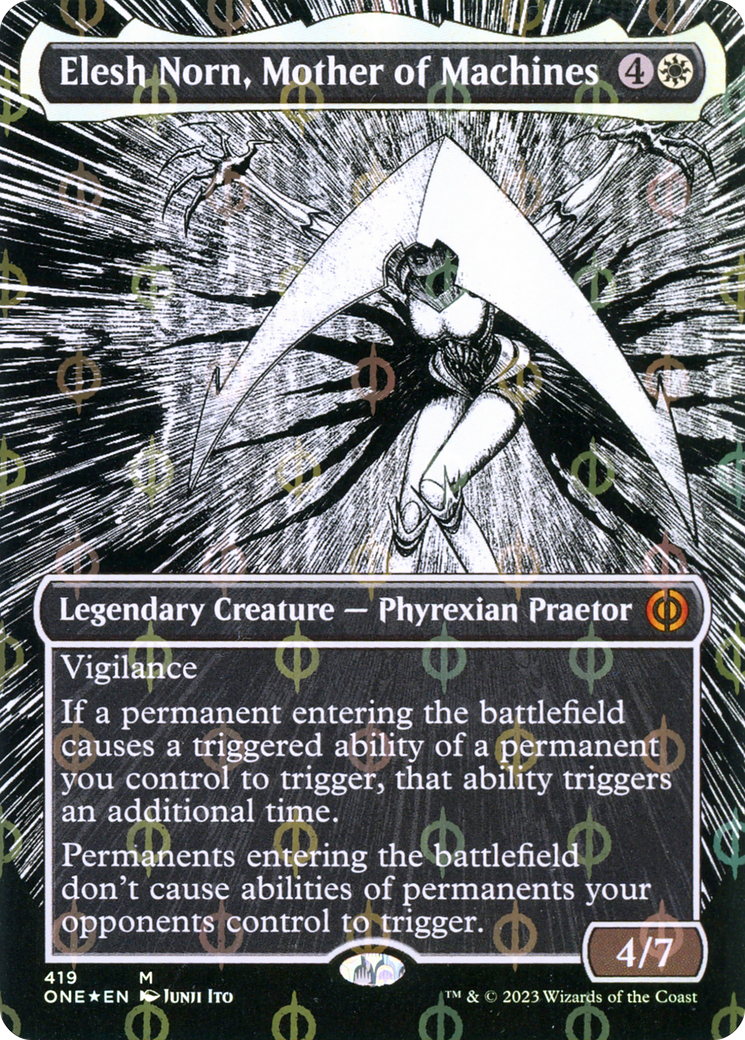 Elesh Norn, Mother of Machines (Borderless Manga Step-and-Compleat Foil) [Phyrexia: All Will Be One] | Tables and Towers