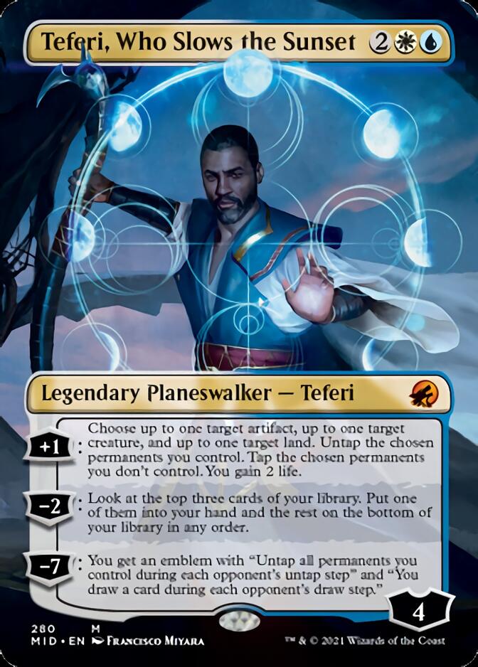 Teferi, Who Slows the Sunset (Borderless) [Innistrad: Midnight Hunt] | Tables and Towers