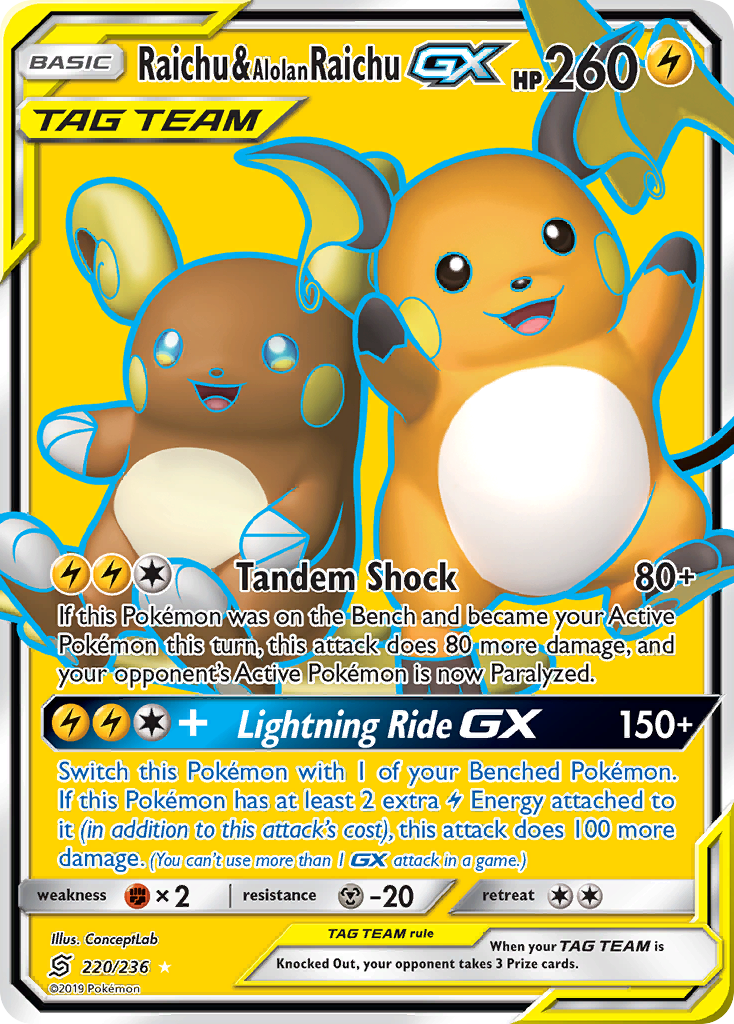 Raichu & Alolan Raichu GX (220/236) [Sun & Moon: Unified Minds] | Tables and Towers