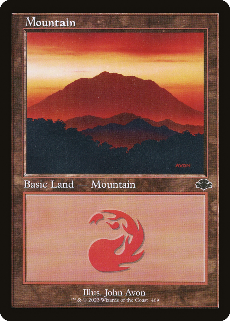 Mountain (409) (Retro) [Dominaria Remastered] | Tables and Towers