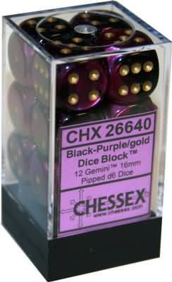 Black-Purple w/gold Gemini 12 16mm D6 Dice Block - chx26640 | Tables and Towers