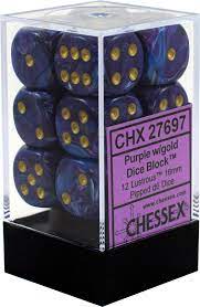 12 Purple /gold Lustrous 16mm D6 Dice Block - CHX27697 | Tables and Towers