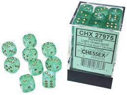 Borealis 12mm d6 Light Green/gold Luminary Dice Block (36 dice) | Tables and Towers