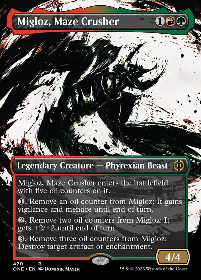 Migloz, Maze Crusher (Borderless Ichor Step-and-Compleat Foil) [Phyrexia: All Will Be One] | Tables and Towers