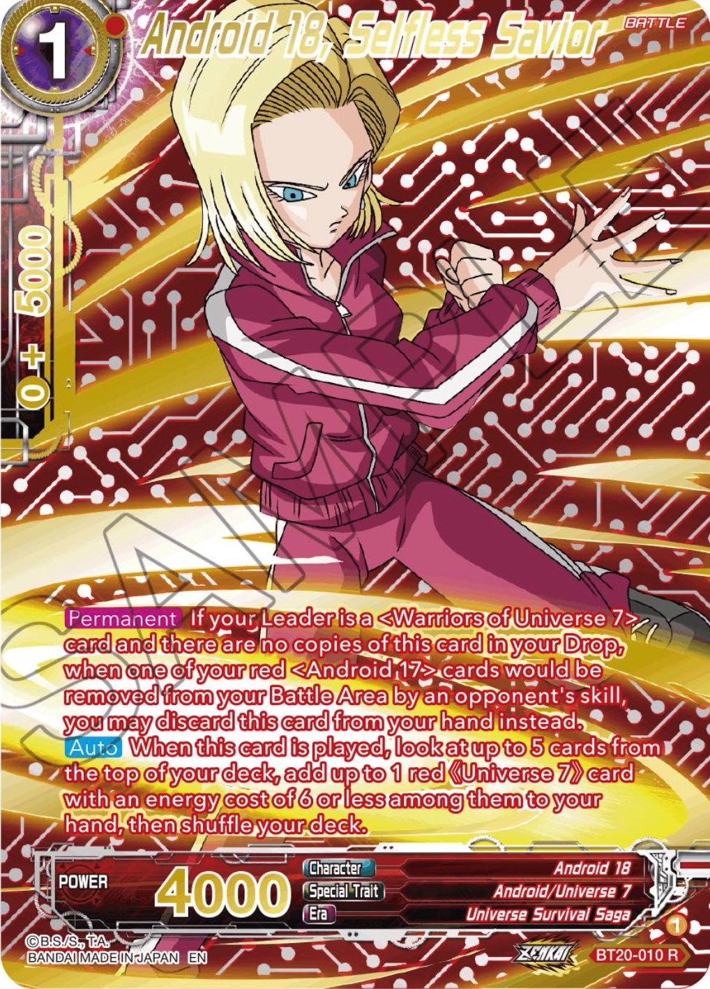 Android 18, Selfless Savior (Gold-Stamped) (BT20-010) [Power Absorbed] | Tables and Towers