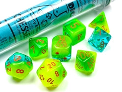 7 Heavy Dice Set - Lab Dice - Plasma Green-Teal/Orange Luminary - CHX30048 | Tables and Towers