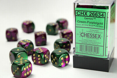 12 Gemini Green-Purple w/ Gold 16mm D6 Dice Block - CHX26634 | Tables and Towers